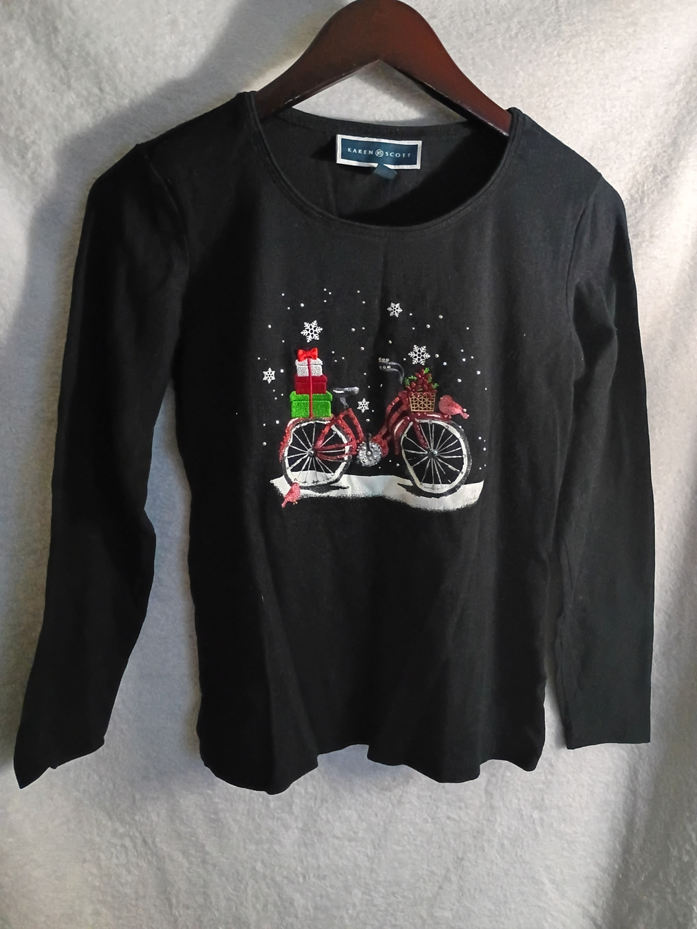 Karen Scott Black Long-Sleeve Tee with Red Bicycle and Green Gifts